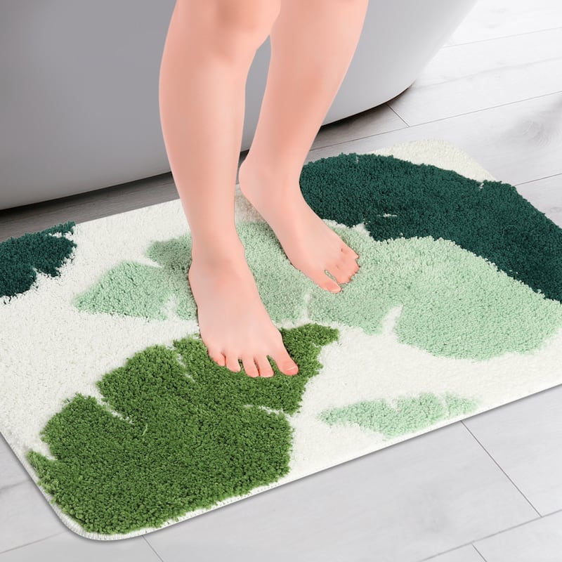 Cute Leaf Pattern Bath Rug, Boho Non Slip Bathroom Decor Washable Mat for Bedroom, Bath Tub, Hallway - Green