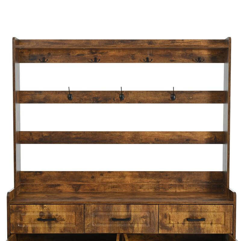 4 Door Shoe Cabinet with Coat Rack, Multi-Functional Shoe Rack with 3 Drawers, 8 Shelves, Entryway Wood Storage Console