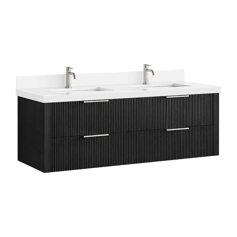 Barcelona Floating Bath Vanity with Quartz Stone Top without Mirror - 60" - Oak Weathered Black