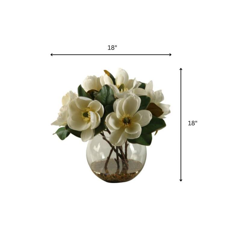 HomeStock Cream Magnolias in Clear Glass Bubble Bowl - Timeless Faux Floral Centerpiece for Living Rooms - 18