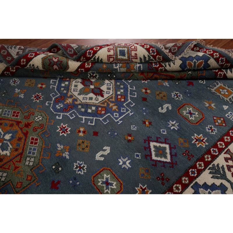 Geometric Blue Kazak Oriental Area Rug Hand-Knotted Wool Carpet - 7'11" x 9'9"