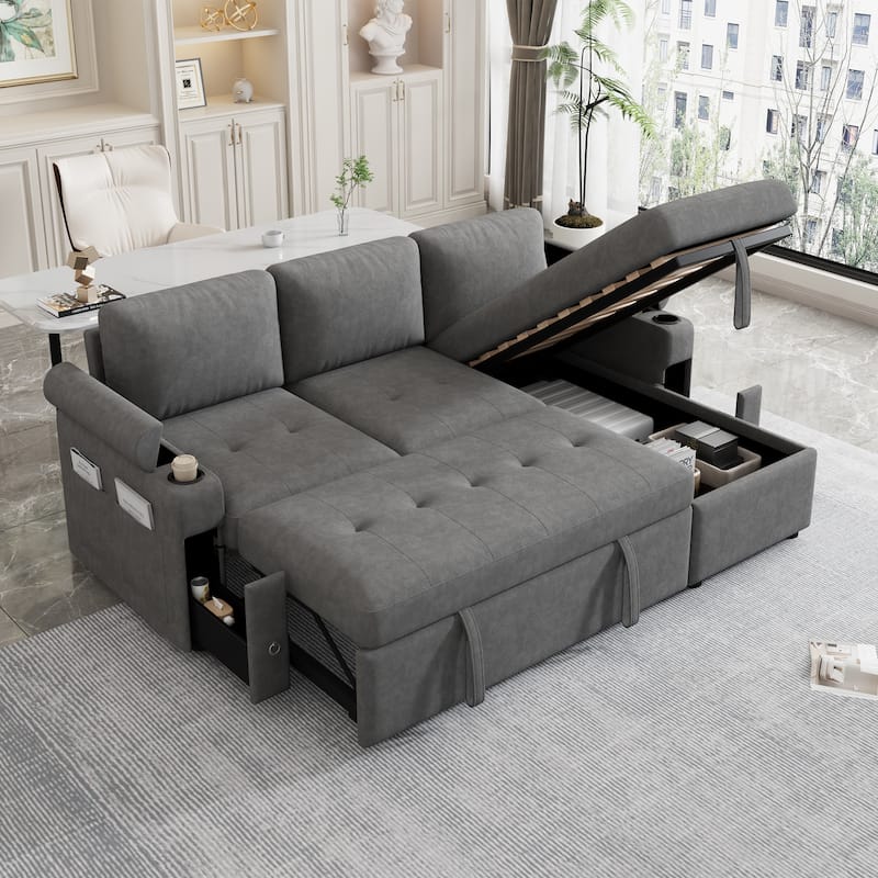 83.5" Chenille L-Shaped Sectional Sofa with Convertible Bed & Storage - Gray