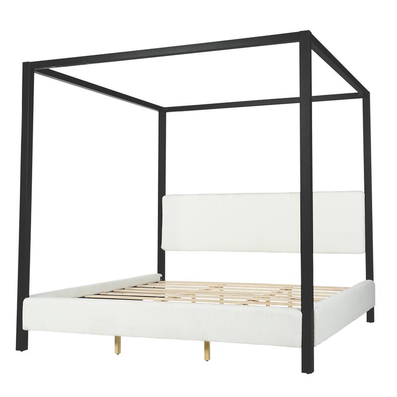 Christopher Knight Home - Mid-Century Modern Bouclé Upholstered Metal Canopy Bed Frame with Padded Headboard