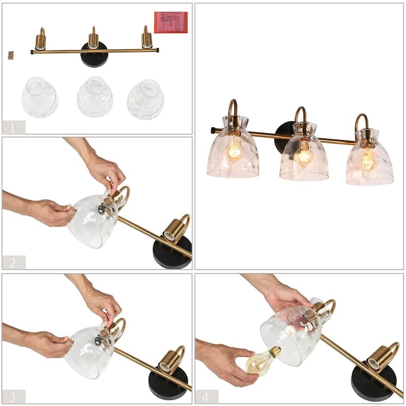 Elisie Modern Glam 3-light Bathroom Vanity Light Black Gold Sconce with Water Glass - L23" x W7.5" x H9"