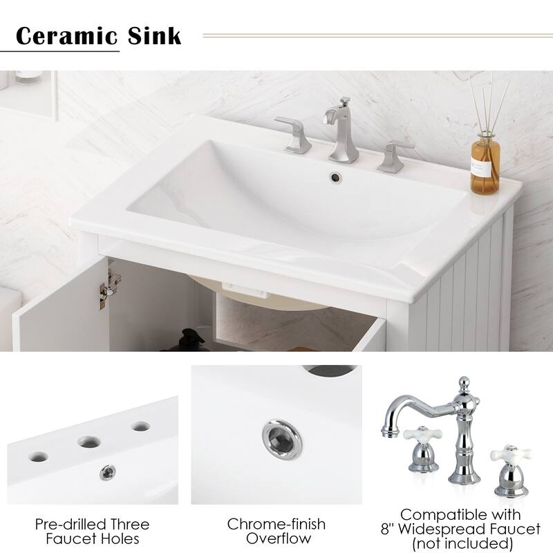 24" Sleek Bathroom Vanity with Elegant Ceramic Sink, Solid Pine Frame & Open Bottom Shelf