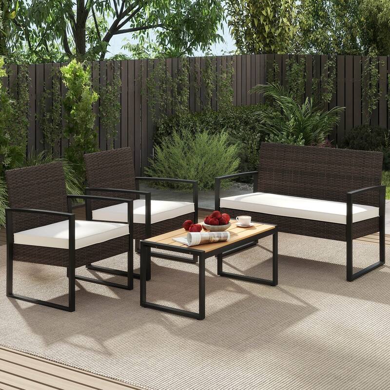 Gymax 4 Pieces Patio Furniture Set PE Rattan Porch Chairs w/ Loveseat