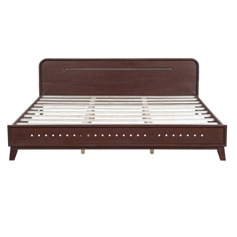 Rustic Pine Wood Bed Frame Low-Profile Platform Bed with Panel Headboard Solid Wood Slat Support and Extra Wide Thickened Legs