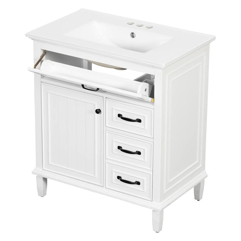 30 Inch Bathroom Vanity with Ceramic Sink Top, Flip Drawers, Freestanding Storage Cabinet (Faucet Not Included)