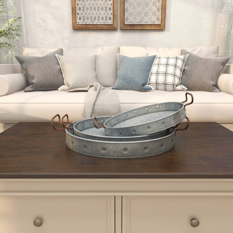 Gray Metal Galvanized Oval Living Room Decor Tray with Rust Handles (Set of 3)