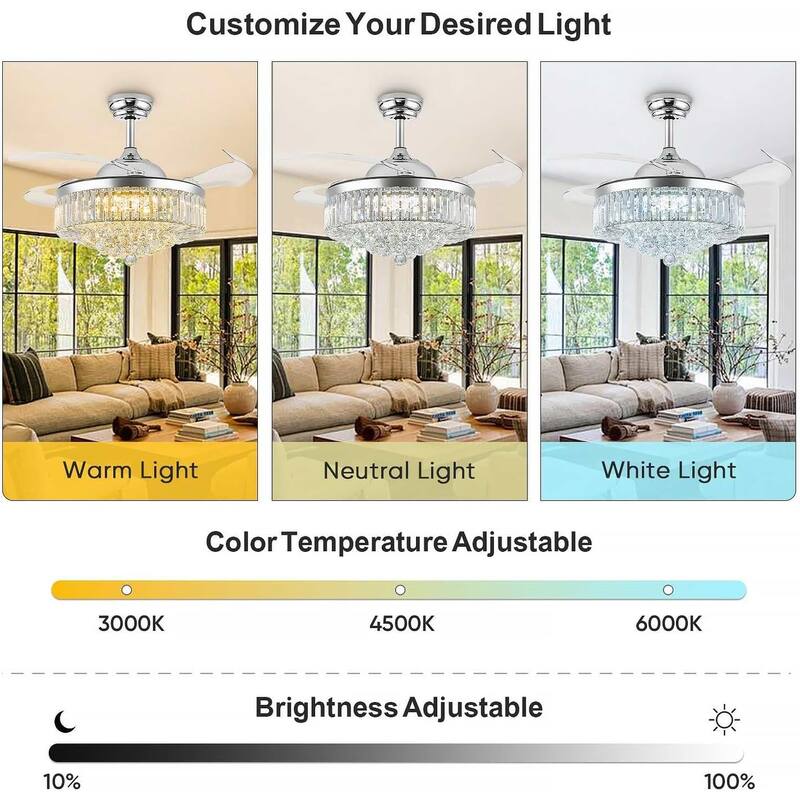 42" Fandelier Ceiling Fan with Light, Retractable Chandelier Fan LED Dimmable Crystal Ceiling Fan for Bedroom Living Room