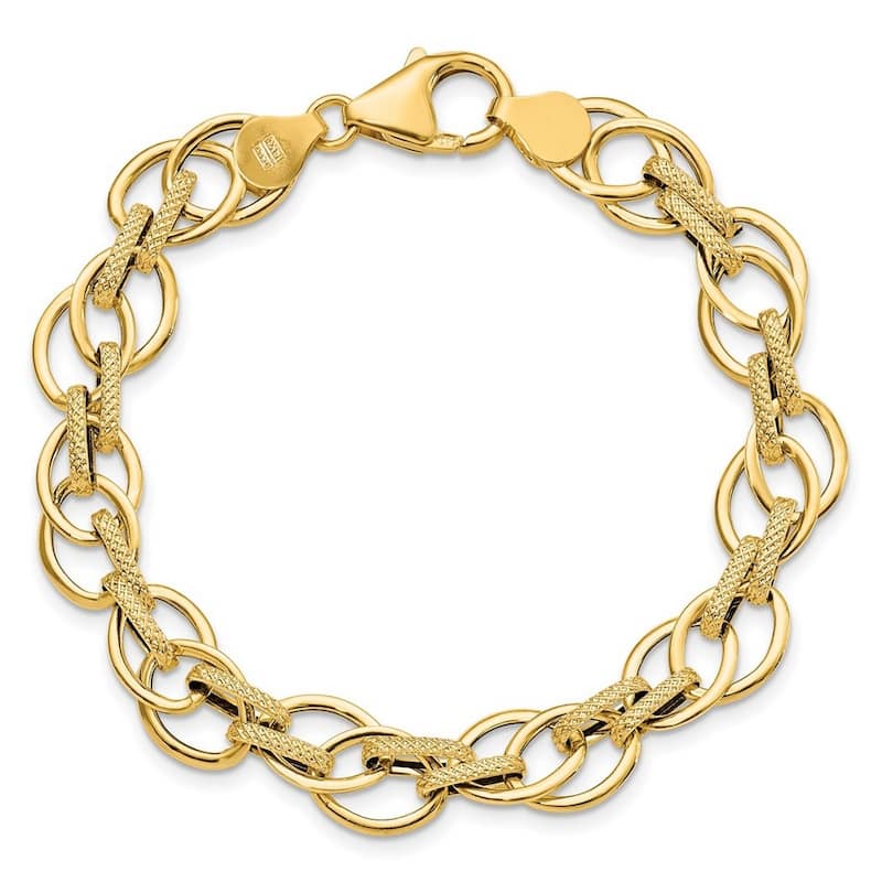 Curata 11mm 14k Yellow Gold Polished and Textured Fancy Link Bracelet 7.5 Inch