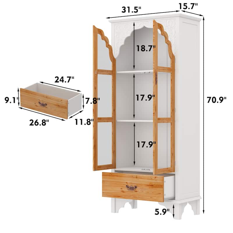 Oak Finish Fir Wood Wooden Curio Cabinet Display Storage Case Bathroom Cabinet Bookcase - 70.9"Hx31.5"W