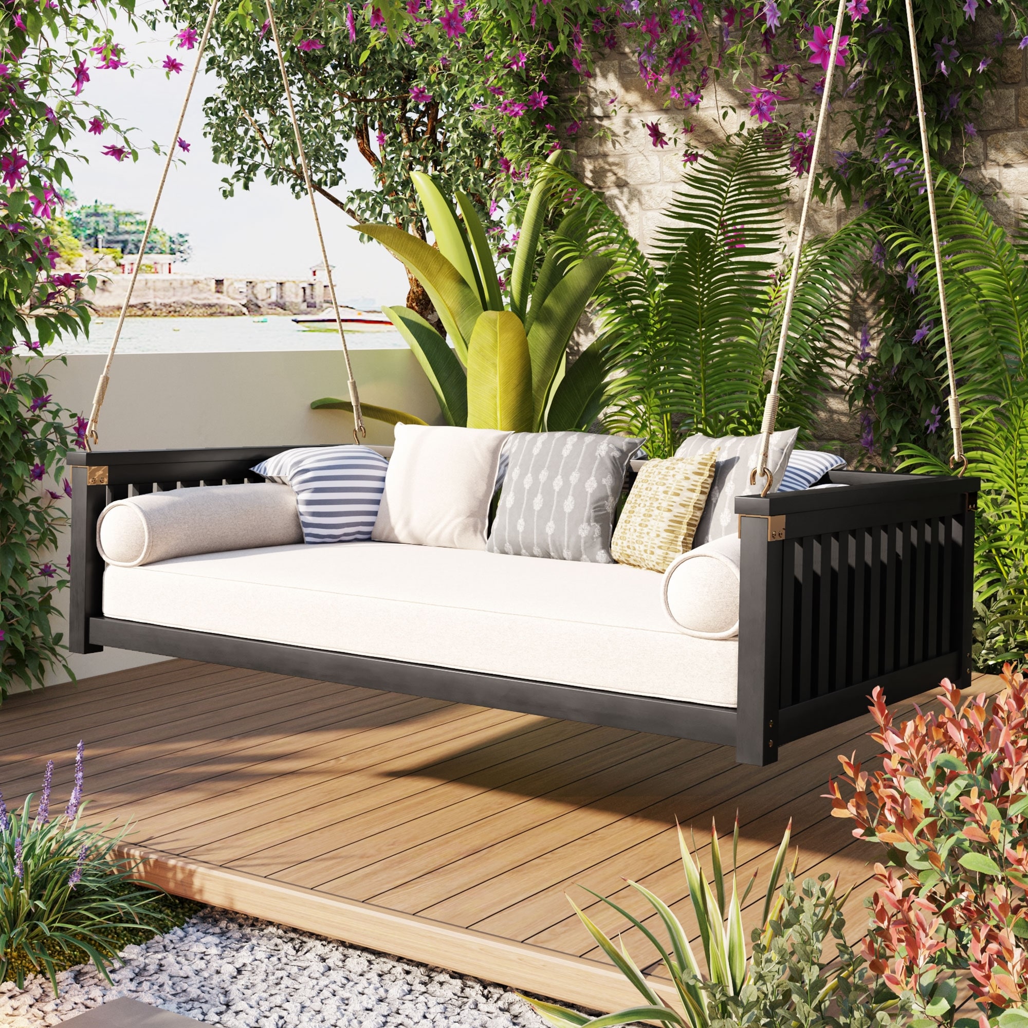 Twin Size Patio Minimalist Garden Swing Bed Wood Porch Swing with Ropes