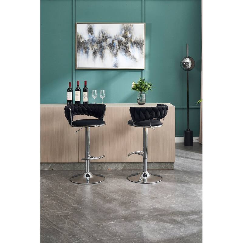 Set of 2 Bar Stools,with Chrome Footrest and Base Swivel, Height Adjustable, Velvet Upholstered + Chrome Leg Simple Bar Stool