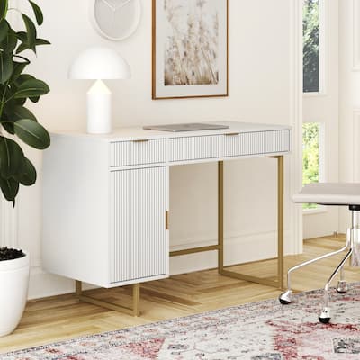 Jacklyn White Modern Computer Desk, Workstation or Writing Desk for Small Spaces with Drawers and Cabinet Storage
