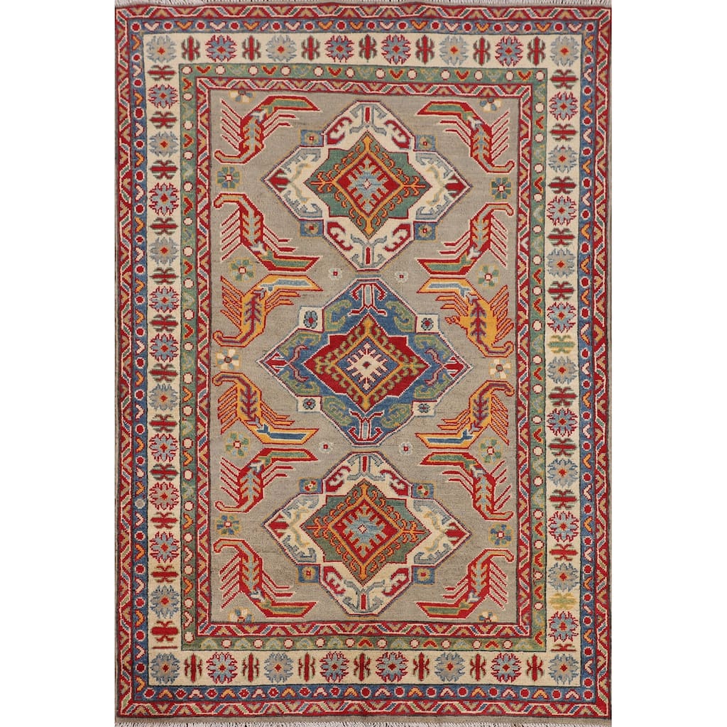 Geometric Brown Kazak Oriental Area Rug Handmade Wool Carpet - 4'0" x 5'10"