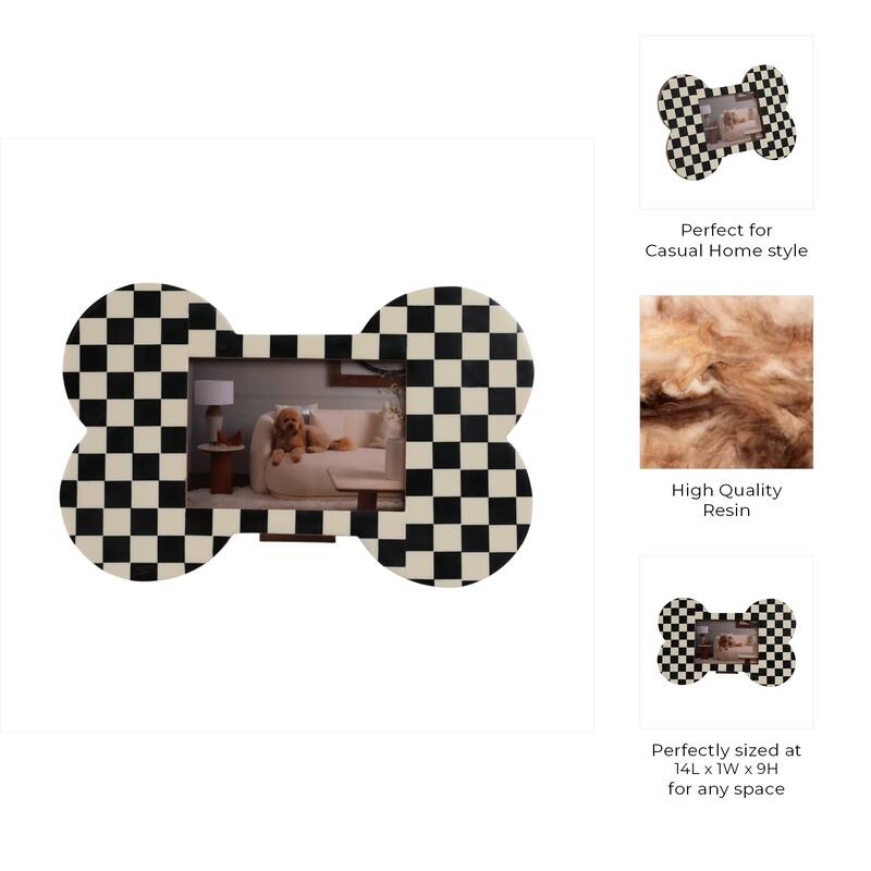 Resin Wood Glass Photo Frame Dog Bone Shape Checkerboard - 9" Ivory
