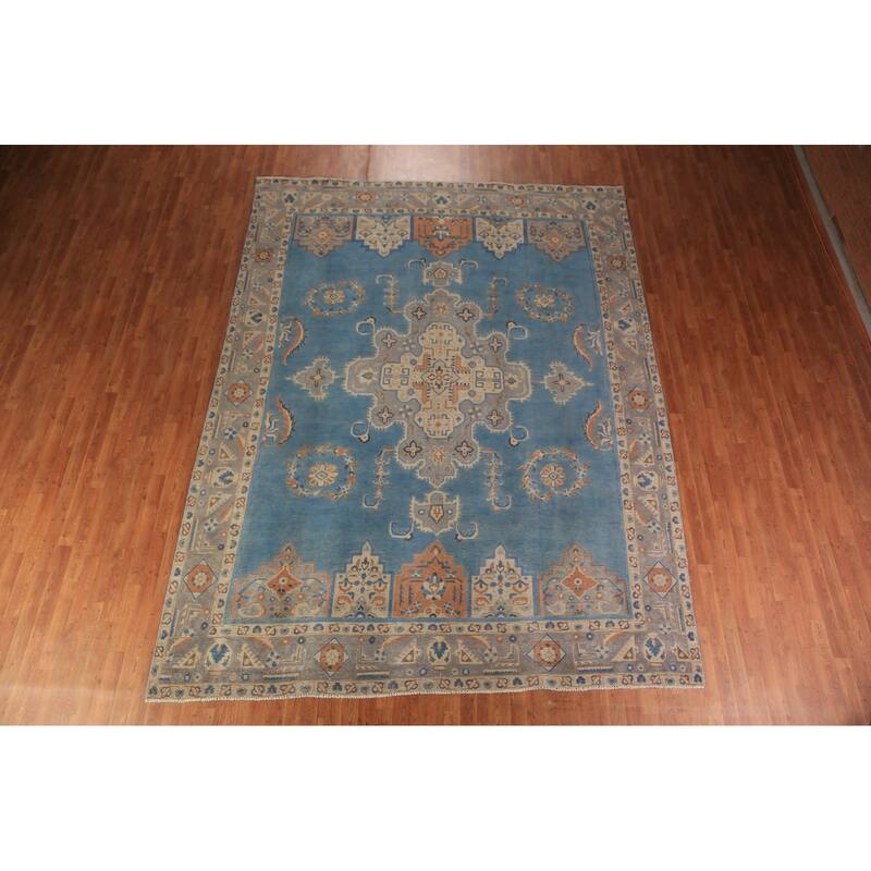 Traditional Blue Tabriz Persian Area Rug Hand-Knotted Wool Carpet - 9'4"x 12'5"