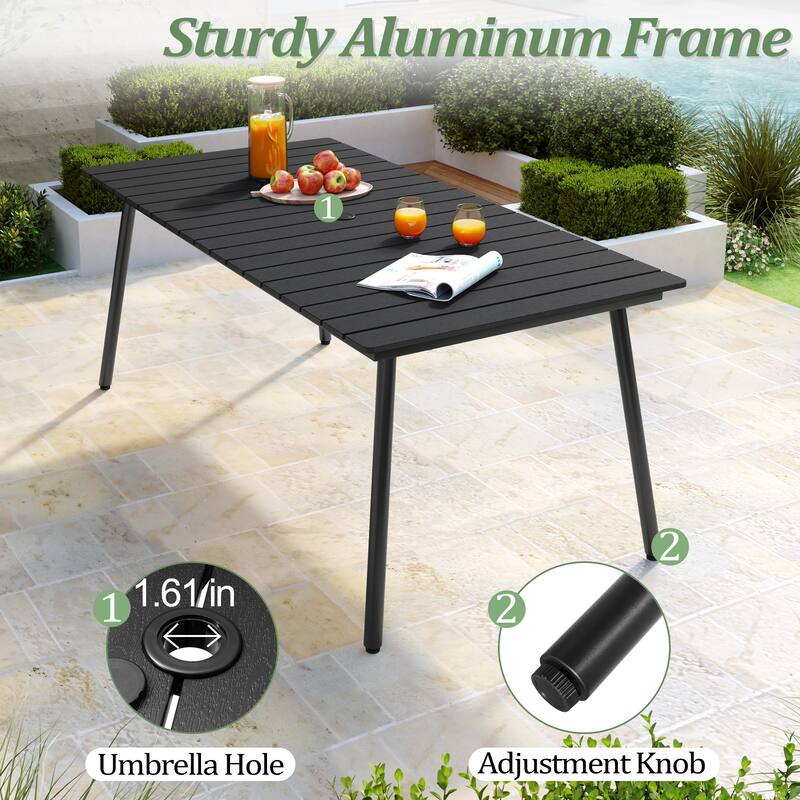 Outdoor Patio Rectangular Aluminum Dining Table Set with Umbrella Hole with Rattan Chair