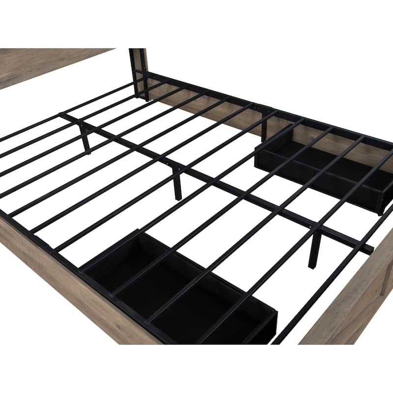 King/Queen Farmhouse Bed Frame with LED Lights, Charging Station & Barn Door Storage