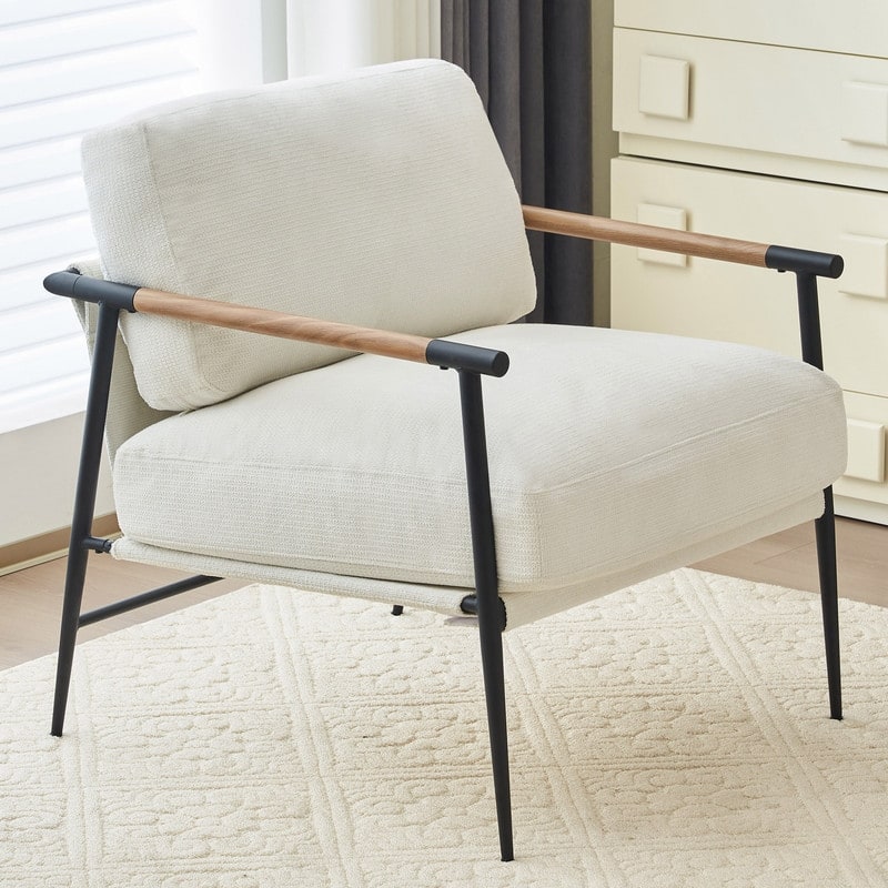 White Accent Chair Armchair Chenille for Living Room Mid Century Modern Accent Chair Metal Leg,Comfy Cushion Veneer Armrest
