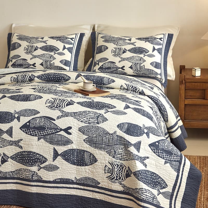 Cotton Nautical Fish Print Quilt Bedspread Set