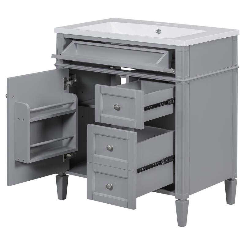 Roomfitters 30" Vanity with Sink, Bathroom Cabinet with 2 Drawers and Tip-out Tray, Modern Freestanding Design