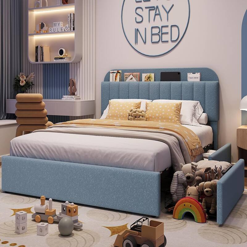 Bed Frame with 2 Drawers, Boucle Upholstered