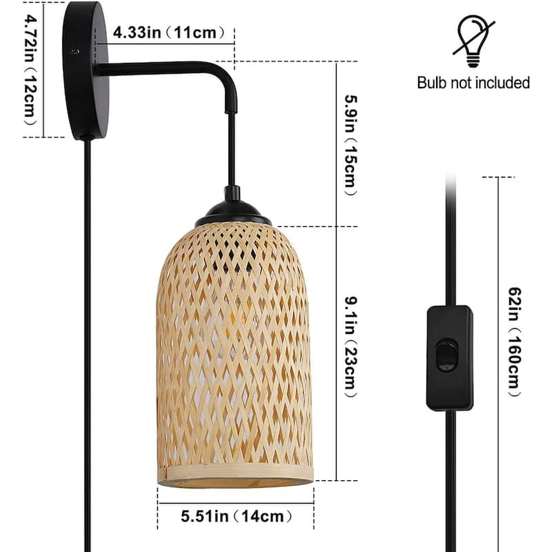 Modern Wicker Plug in Bamboo Wall Light Fixture with Switch - Basket Rattan Lampshade Chandelier Wall Lamp forLiving Room