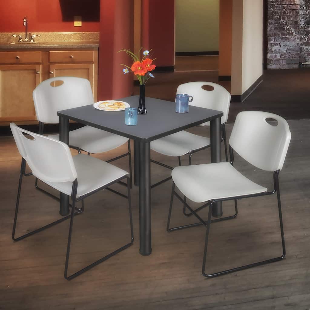 36" Square Breakroom Table- Grey/ Black & 4 Stack Chairs- Grey - Grey, Black - 36