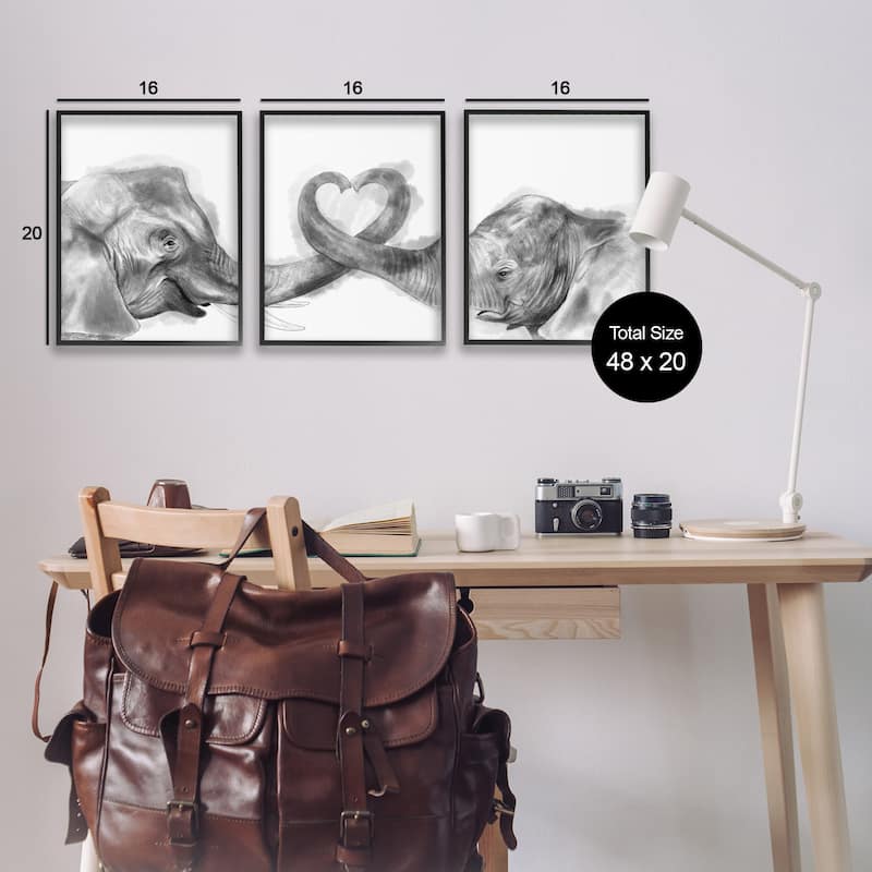 Stupell Elephant Trunk Heart Jungle Animal Illustration, 3pc Multi Piece Framed Wall Art Set