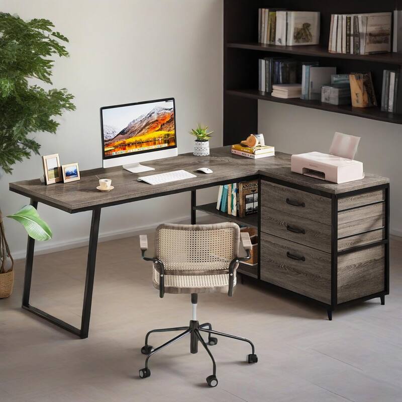Reversible L Shaped Computer Desk with Drawers and Storage Shelves Gray Wood Finish Sturdy Home Office Workstation