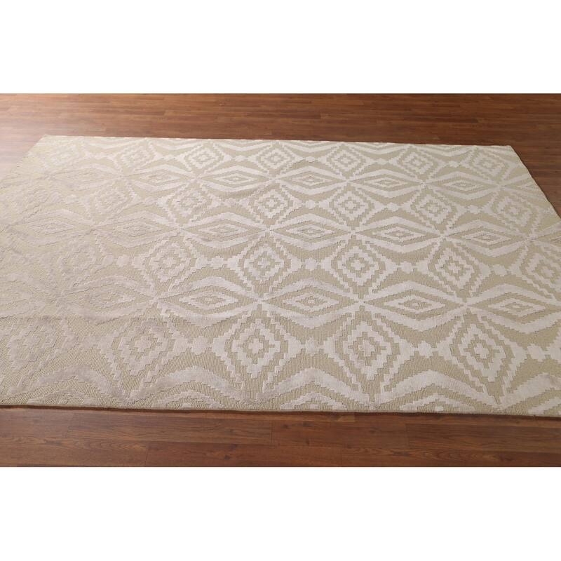 Beige Geometric Nepalese Oriental Area Rug Handmade Wool Carpet - 6'1" x 8'11"