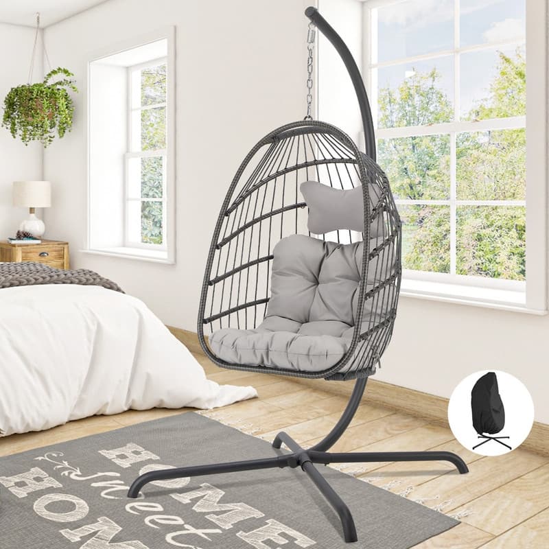 FINCATI Indoor Royal Oversized Hanging Egg Chair with Stand, 350 lbs Outdoor Egg Swing Chair with Stand, Cozy Egg Chair Swing - Light Grey/Cover