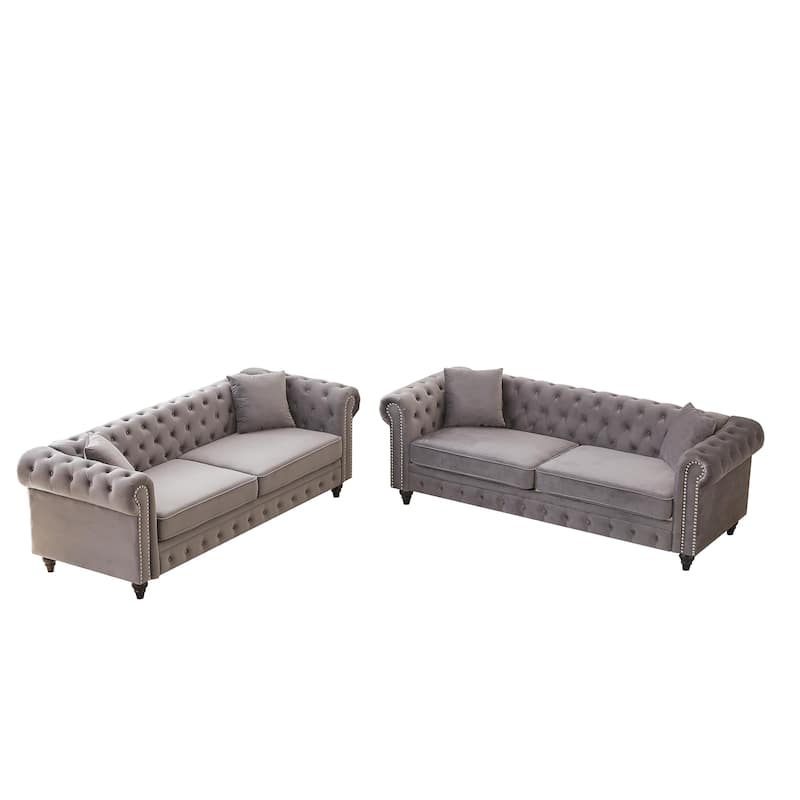 3+3 Seat Velvet Deep Seat Sofas Set, Classic Chesterfield Couches with Nailheads Accent, Removable Cushions and Pillows
