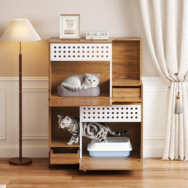 Anmytek 2-in-1 Cat Litter Box Enclosure Side Table House - Brown