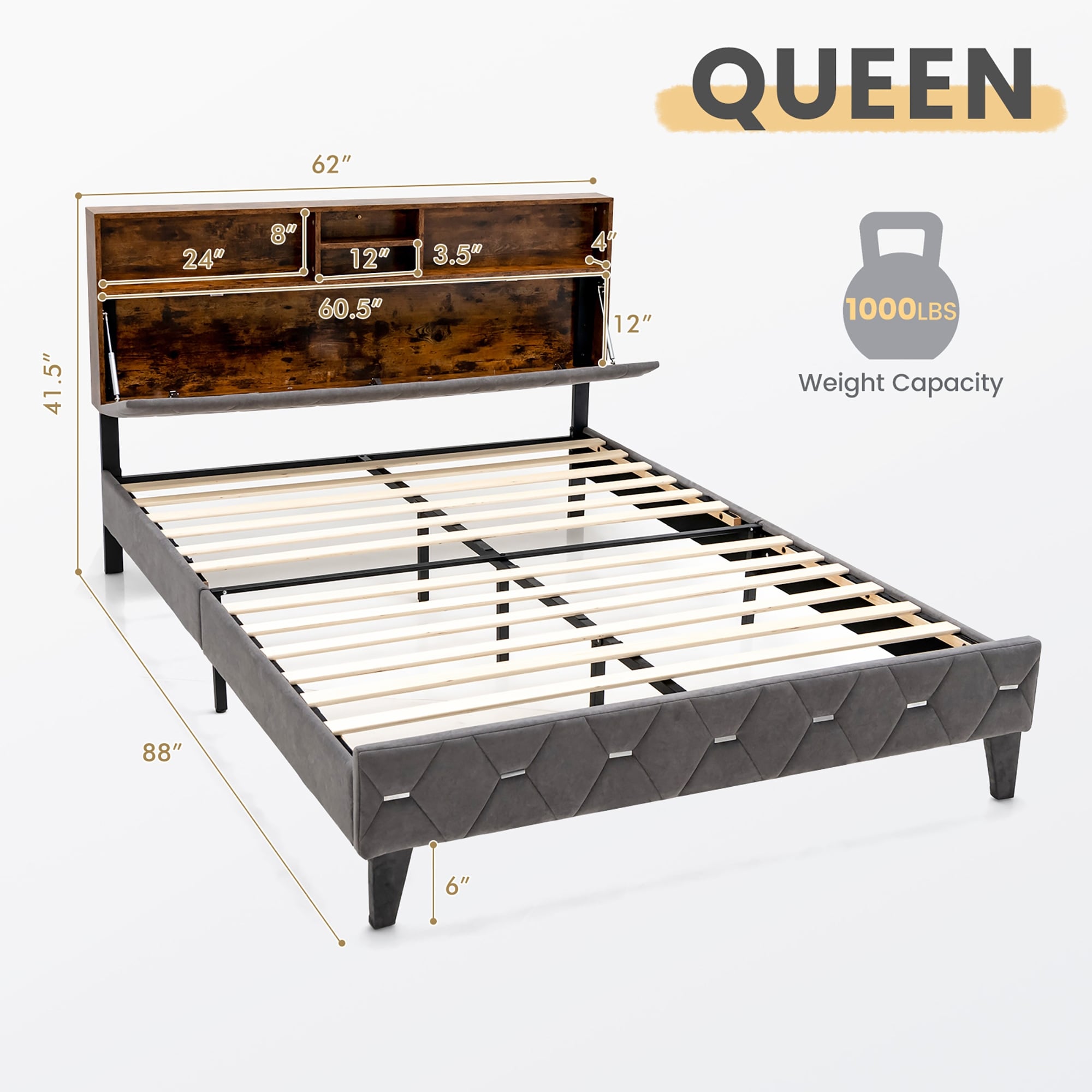 Bed Frame Upholstered Platform Mattress Foundation w Storage Headboard