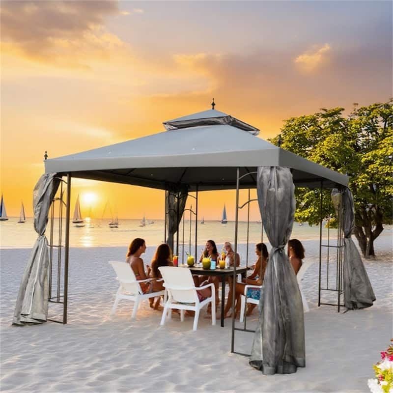 Patio Gazebo with Corner Frame Shelves, Double Roof Outdoor Canopy Shelter