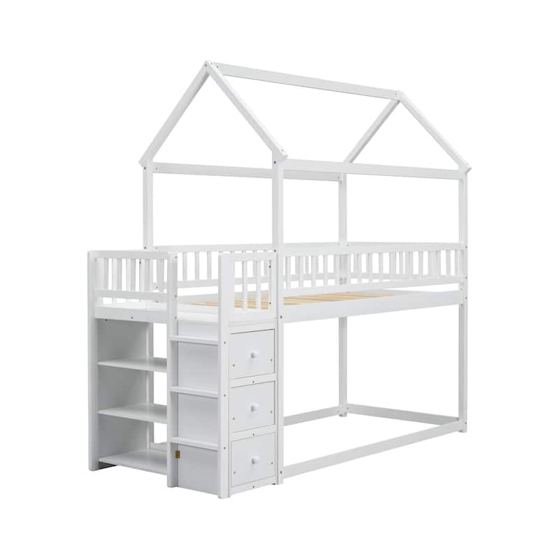 Kids Twin House Bunk Bed with Storage Shelves, Drawers, and Roof Design