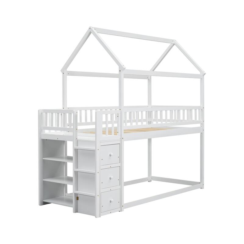 Twin over Twin House Shaped Bunk Bed, Solid Pine Wood Floor Bunk Bed Frame with Shelves and 3 Drawers, No Box Spring Needed
