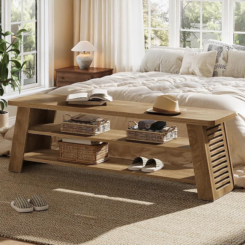 3-Tier Entryway Shoe Bench with Storage Shelf for Living Room, Wooden End of Bed Bench for Bedroom, Dining Bench for Dining Room