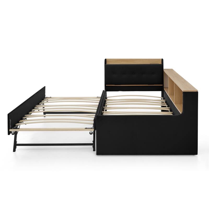 Twin Size Adjustable Velvet Day Bed with Storage, Trundle, LED Lights, and Wireless Charging