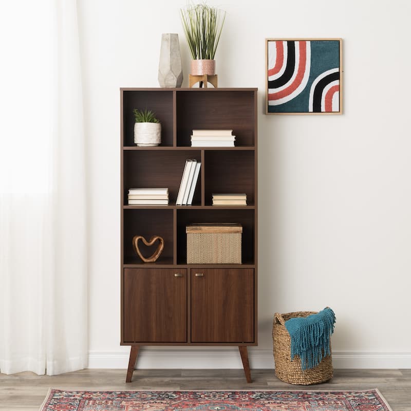 Prepac Milo Mid-Century Modern Bookcase with Six Shelves and Two Doors - 29 in. W x 62.25 in. H x 12 in. D
