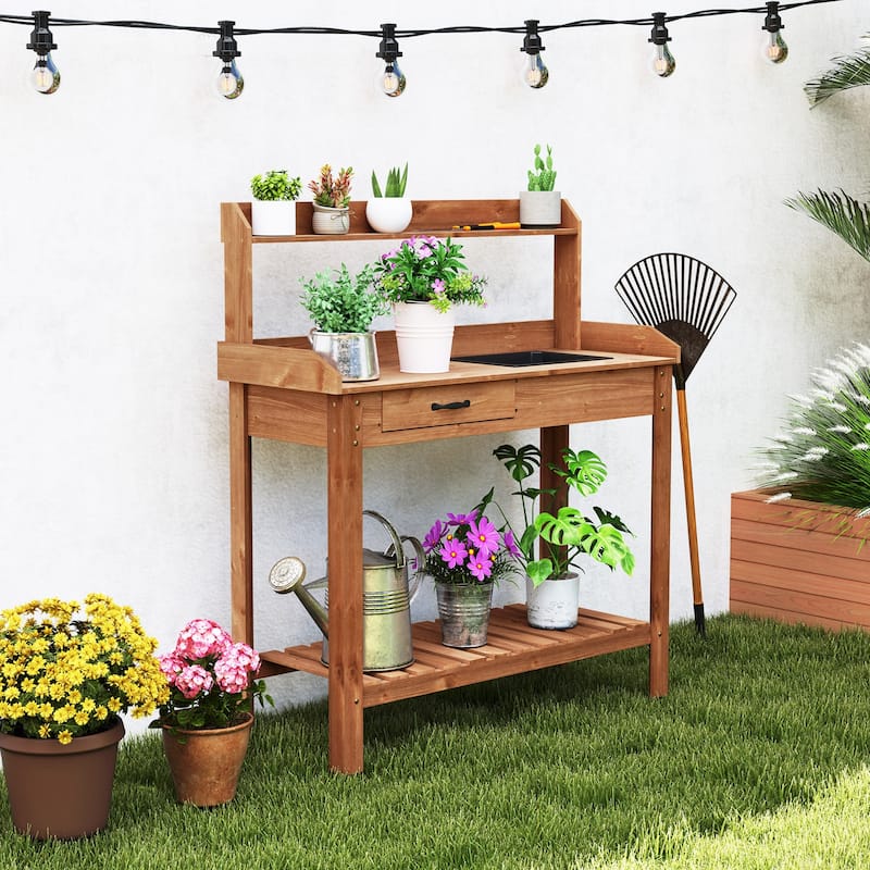 Gymax Potting Bench Outdoor Wooden Garden Table Work Station Solid