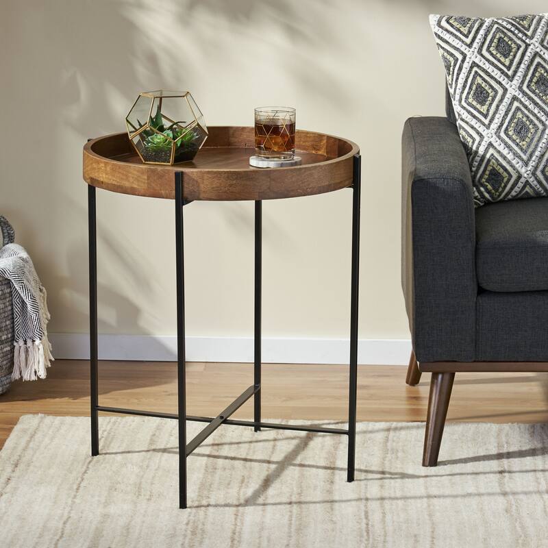 22" Modern Round End Table with Faux Live Edge and Toothpick Legs for Entryway and Living Room - Natural