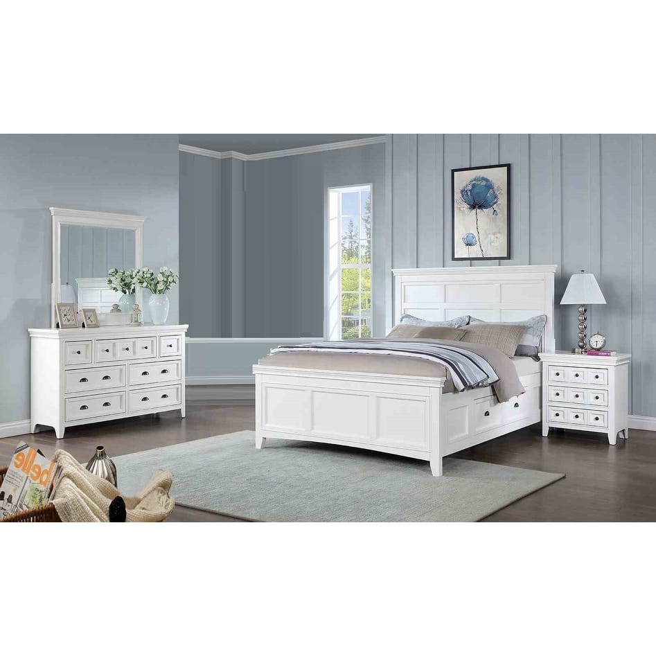 Transitional White Finish Bedroom Set Bed Dresser Mirror Nightstand with USB