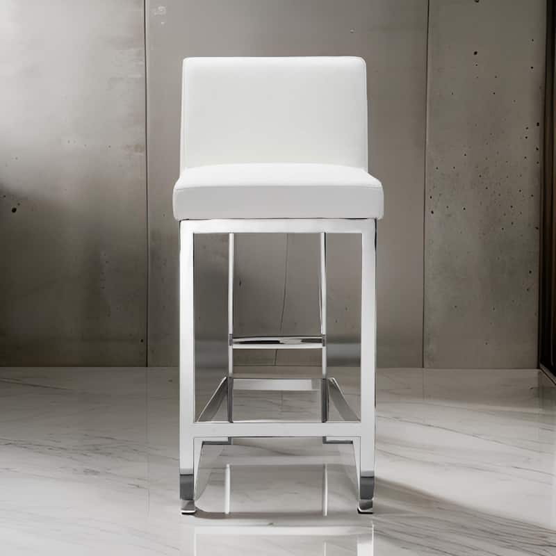 Boly 26 Inch Counter Height Chair, White Faux Leather, Foam Cushions, Steel