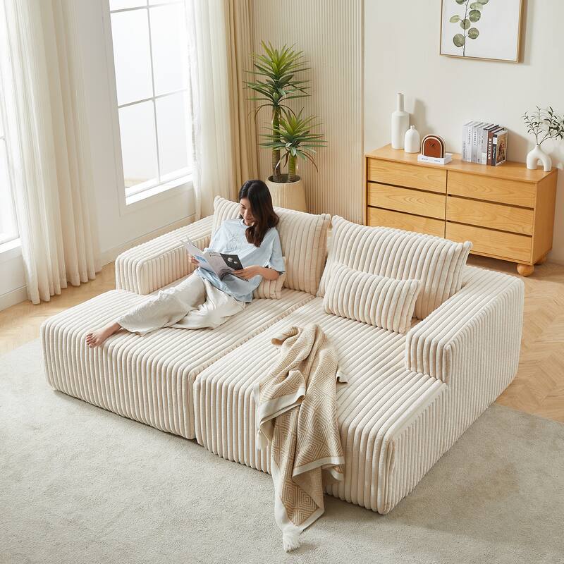 Oversized Modular Sectional Lounge Chaise, Corduroy Upholstered Boneless Sleeper Sofa, Reclining Loveseat Chair with 4 Pillows