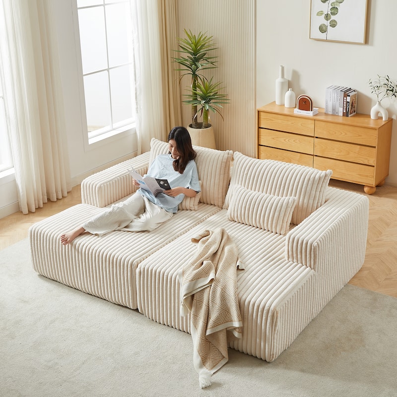 Roomfitters 87" Modern Corduroy Lounge Chaise, Cloud Plush Loveseat Sofa, No Assembly Reclining Sleeper Sofa