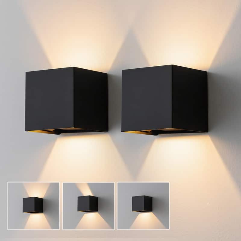 Modern Led Wall Sconces (2-pack), Black Square Up Down Lights, Ip65 Waterproof Aluminum Fixtures For Indoor/outdoor Use - 10W - Black
